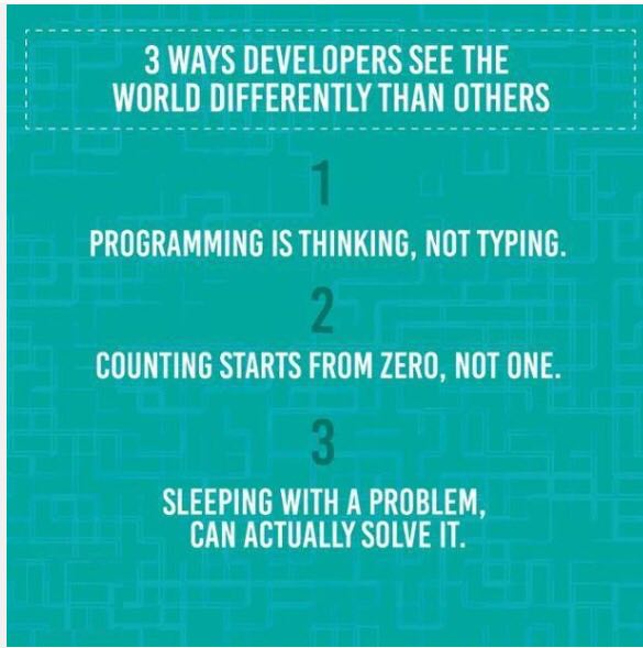 3 WAYS DEVELOPERS SEE ТНЕ WORLD DIFFERENTLY THAN OTHERS PROGRAMMING IS THINKING, NOT TYPING COUNTING STARTS FROM ZERO, NOT ONE SLEEPING WITH A PROBLEM, CAN ACTUALLY SOLVE IT.