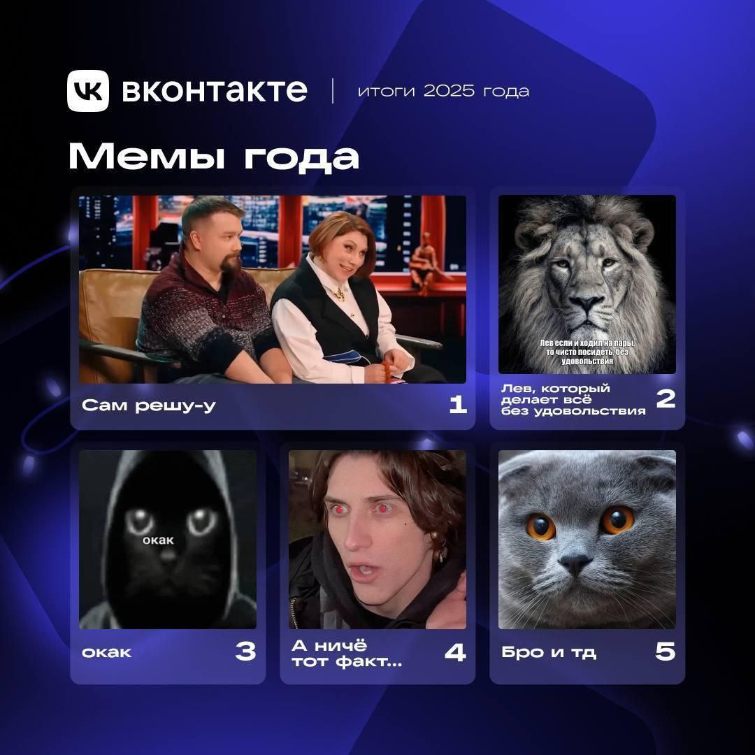 вконтакте итоги 2025 года Мемы года Лев если Лев. который Сам решу-у 1 делает всё без удовольствия окак окак А ничё 3 тот факт. 4 Бро и 5