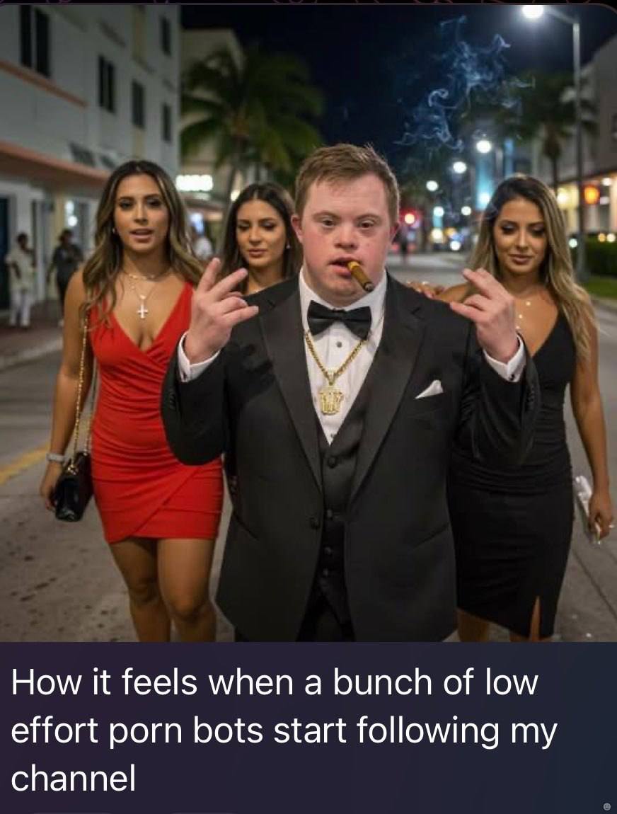 How К feels when а bunch of low effort porn bots start following my channel