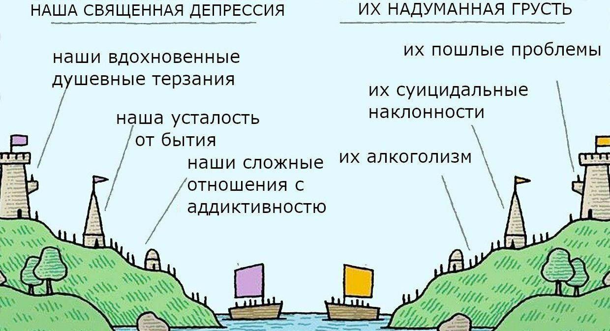 НАША СВЯЩЕННАЯ ДЕПРЕССИЯ НАДУМАННАЯ ГРУСТЬ наши вдохновенные пошлые проблемы душевные терзания суицидальные наша усталость от бытия наши сложные алкоголизм отношения с и аддиктивностю we