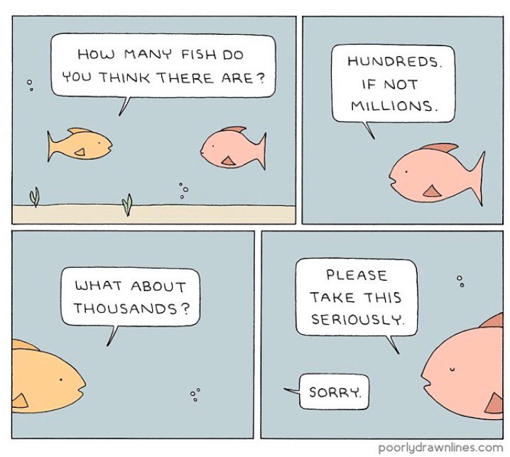 HOW MANY FISH HUNDREDS. YOU THINK THERE ARE? NOT MILLIONS. PLEASE WHAT ABOUT TAKE THIS THOUSANDS SERIOUSLY.