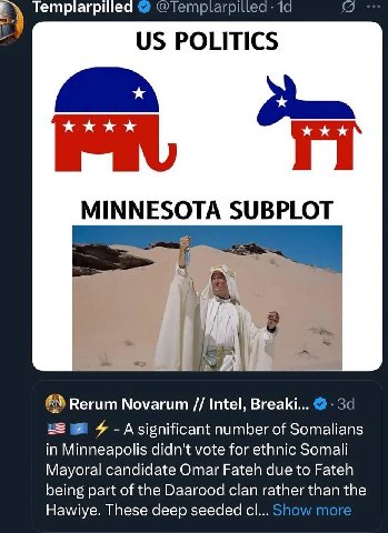 Гетргагрщеа 2) POLITICS MINNESOTA SUBPLOT i Rerum Novarum Intel, Breaki... Asignificant number of Somalians in Minneapolis didn't vote for ethnic Somali Mayoral candidate Omar Fateh due to Fateh being