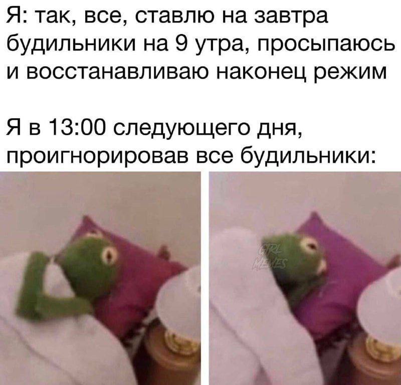 Я: так, все, ставлю на завтра будильники на 9 утра, просыпаюсь и восстанавливаю наконец режим Я в 13:00 следующего дня, проигнорировав все будильники: