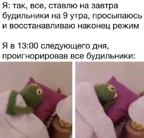 Я: так, все, ставлю на завтра будильники на 9 утра, просыпаюсь и восстанавливаю наконец режим Я в 13:00 следующего дня, проигнорировав все будильники: