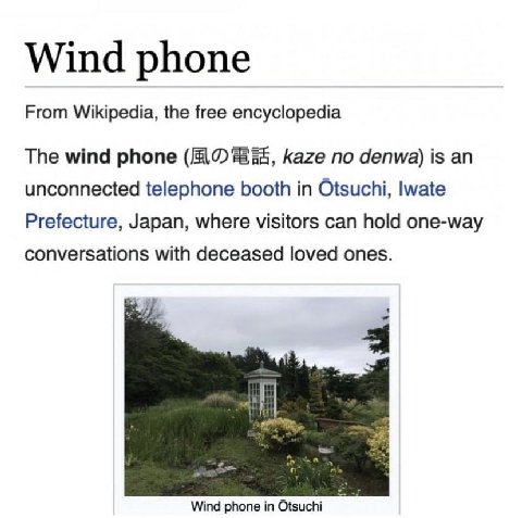 Wind phone From Wikipedia, the free encyclopedia The wind phone kaze no denwa) is unconnected telephone booth in Otsuchi, мае Prefecture, Japan, where visitors can hold one-way conversations with dece