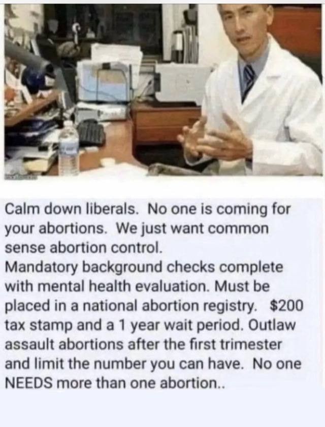 Calm down liberals. No one is coming for your abortions. We just want common sense abortion control. Mandatory background checks complete with mental health evaluation. Must be placed in a national ab