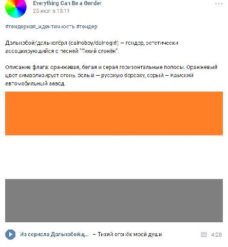 Everything Can Be a Gender 25 июл в 13:11 #гендерная_идентичность #гендер Дальнобой/дальногёрл (dalnoboy/dalnogirl) гендер, эстетически ассоциирующийся с песней "Тихий огонёк". Описание флага: оранжев