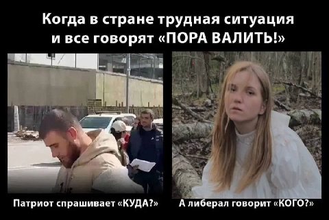 Когда в стране трудная ситуация и все говорят «ПОРА и Патриот спрашивает «КУДА?» А либерал говорит «КОГО?»