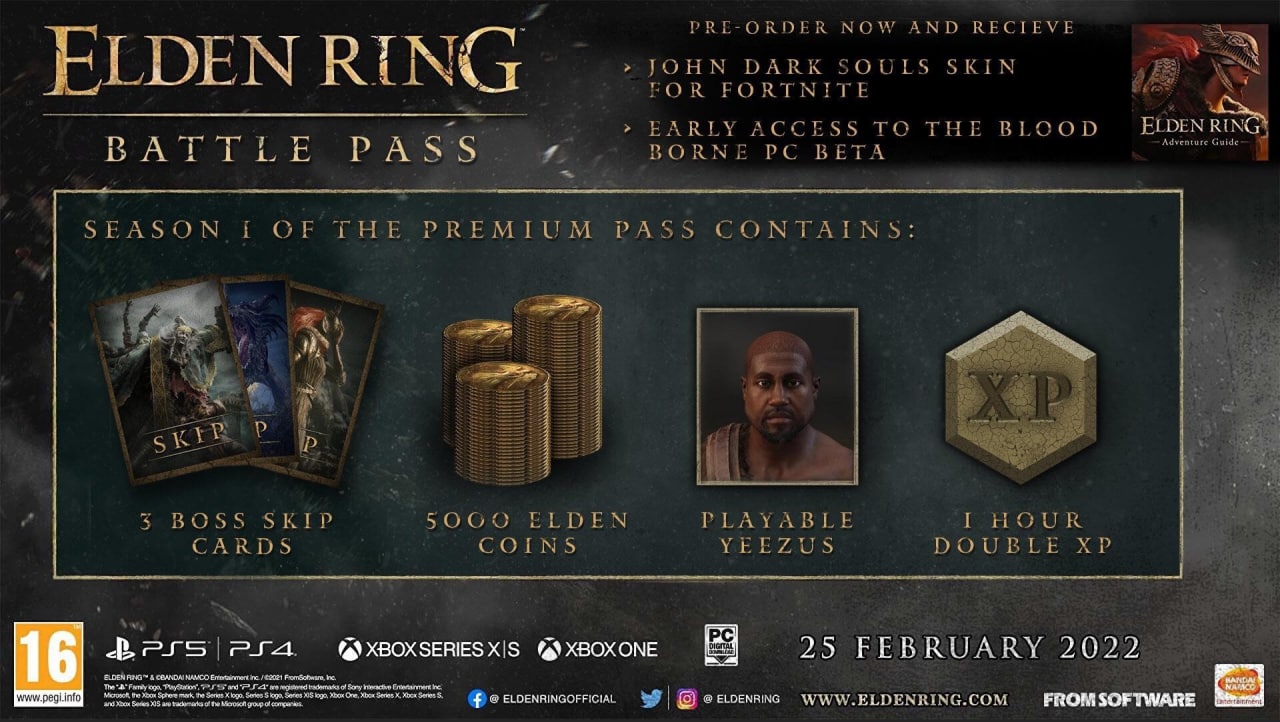 PRE-ORDER NOW AND RECIEVE DARK SOULS SKIN JOHN ЕГОЕМ RING FOR FORTNITE КГУ CCESS TO THE BLOOD ELDEN Adventure RIN РАЗ BORNE BETA SEAS 1 REMIUM PASS GON TAINS ‘We BOS SKEP LDEN I HOUR CARDS COINS XBOXS