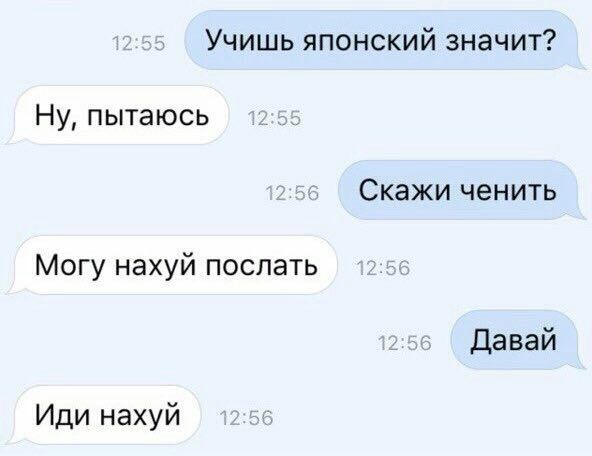 Учишь японский значит? Ну, пытаюсь Скажи ченить Могу нахуй послать Давай Иди нахуй