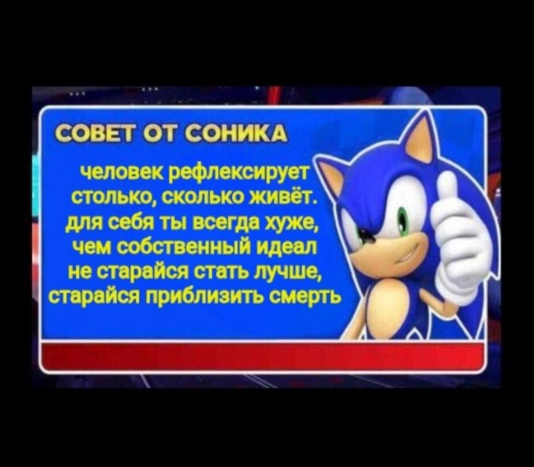 СОВЕТ ОТ СОНИКА человек рефлексирует столько, сколько живёт. для себя ты всегда хуже, чем собственный идеал не старайся стать лучше, старайся приблизить смерть 9