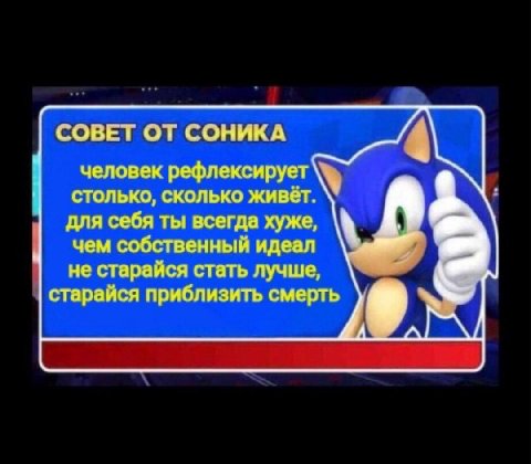 СОВЕТ ОТ СОНИКА человек рефлексирует столько, сколько живёт. для себя ты всегда хуже, чем собственный идеал не старайся стать лучше, старайся приблизить смерть 9