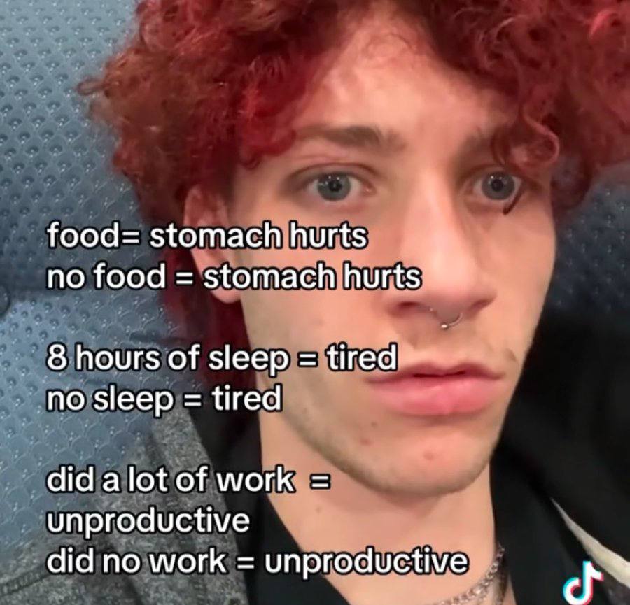food= stomach hurts no food stomach hurts 8 hours of sleep tired no sleep tired didalotof work unproductive did no work unproductive