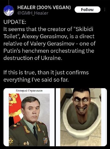 #2 HEALER (300% VEGAN) [Роном UPDATE: It seems that the creator of "Skibidi Toilet", Alexey Gerasimov, 15 a direct relative of Valery Gerasimov one of Putin's henchmen orchestrating the destruction of