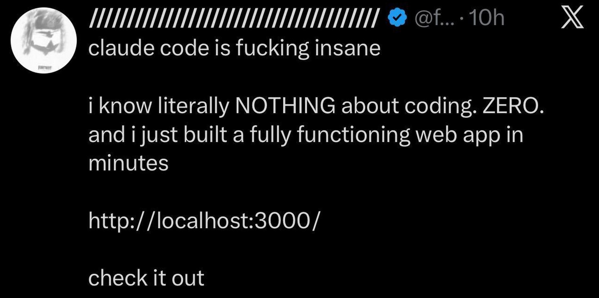 claude code is fucking insane i know literally NOTHING about coding. ZERO. and i just built a fully functioning web app in minutes http://localhost:3000/ check it out