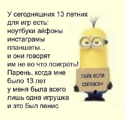 У сегодняшних 13 летних для игр есть: у ноутбуки айфоны инстаграмы в планшеты... и они говорят не во что поиграть! Парень, когда мне лайк если было 13 лет согласен у меня была всего a лишь одна игрушк