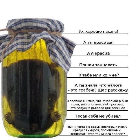 хорошо пошло! Аты красивая 3 at А я красив a Пошли танцевать Ктебе или мне? А ты знала, что налоги это грабеж? Щас расскажу ‘A вообще считаю, что Унабомбер был прав, технологический прогресс это ловуш