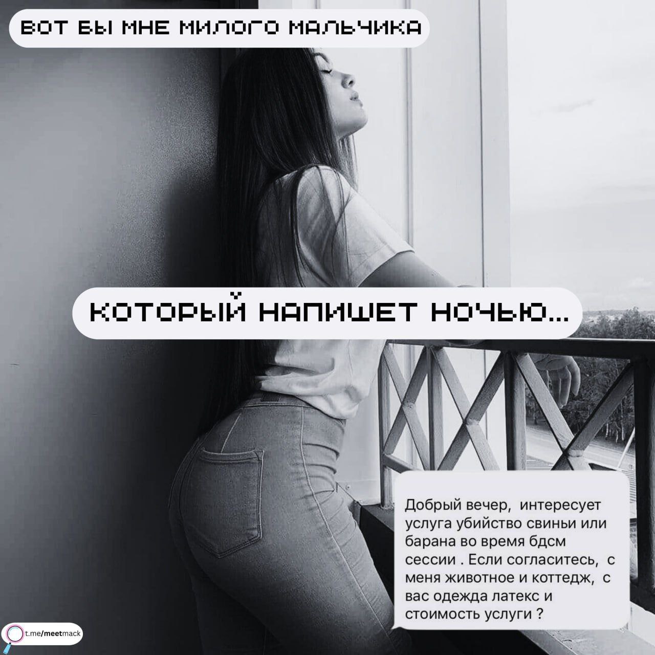 BOT ЕЕ МНЕ. и 7 Добрый вечер, интересует услуга убийство свиньи или барана во время бдсм сессии Если согласитесь, с меня животное и коттедж, с вас одежда латекс и стоимость услуги