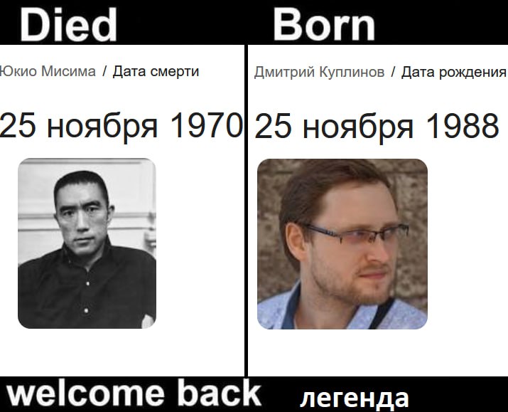 Died Born Юкио Мисима Дата смерти Дмитрий Куплинов Дата рождения 197025 ноября 1988 welcome back легенда