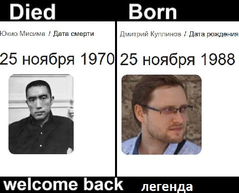 Died Born Юкио Мисима Дата смерти Дмитрий Куплинов Дата рождения 197025 ноября 1988 welcome back легенда