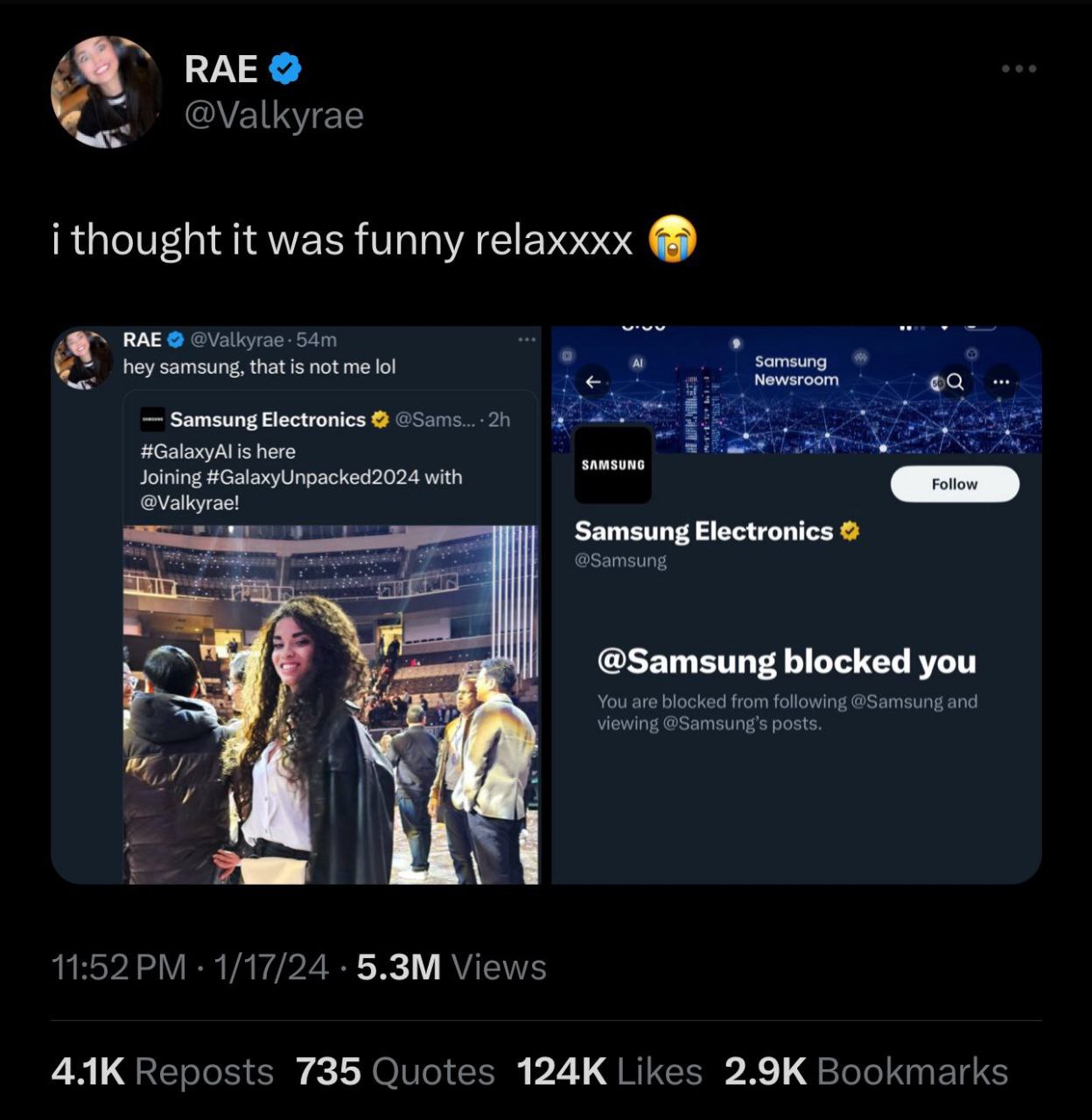 ree @Valkyrae i thought it was funny relaxxxx RAE @Valkyrae- О hey samsung, that is not me lol Samsung Newsroom Samsung Electronics #GalaxyAl is here SAMSUNG Joining #GalaxyUnpacked2024 with @Valkyrae