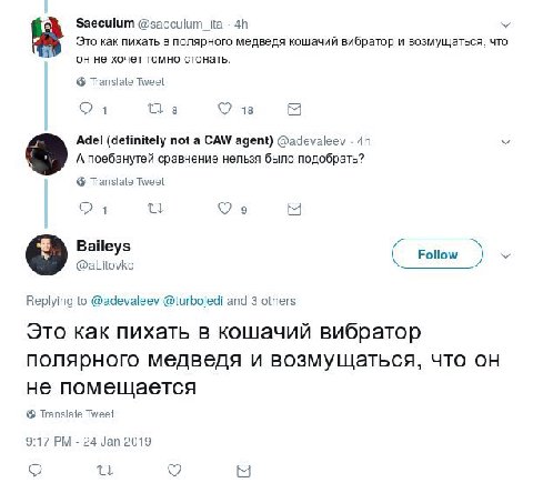 Заесшит @saeculum_ita Это как пихать в полярного медведя кошачий вибратор и возмущаться, что он не хочет томно стонать. Translate Tweet О 18 Adel (definitely not а CAW agent) @adevaleev А поебанутей с