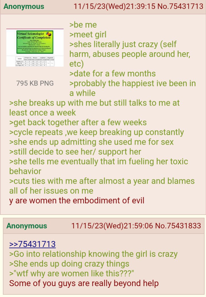 Anonymous 11/15/23(Wed)21:39:15 No.75431713 >be me >meet girl >shes literally just crazy (self harm, abuses people around her, etc) >date for a few months 795 PNG >probably the happiest ive been in a 