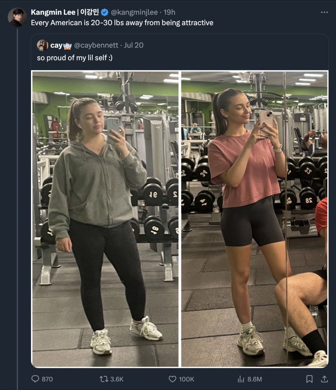 be Kangmin Lee 0/22! @kangminjlee у Every American is 20-30 Ibs away from being attractive сауми @caybennett Jul 20 so proud of my lil self ely в 4 2 Я 7 ANY’ 4 i а a a 870 13 В