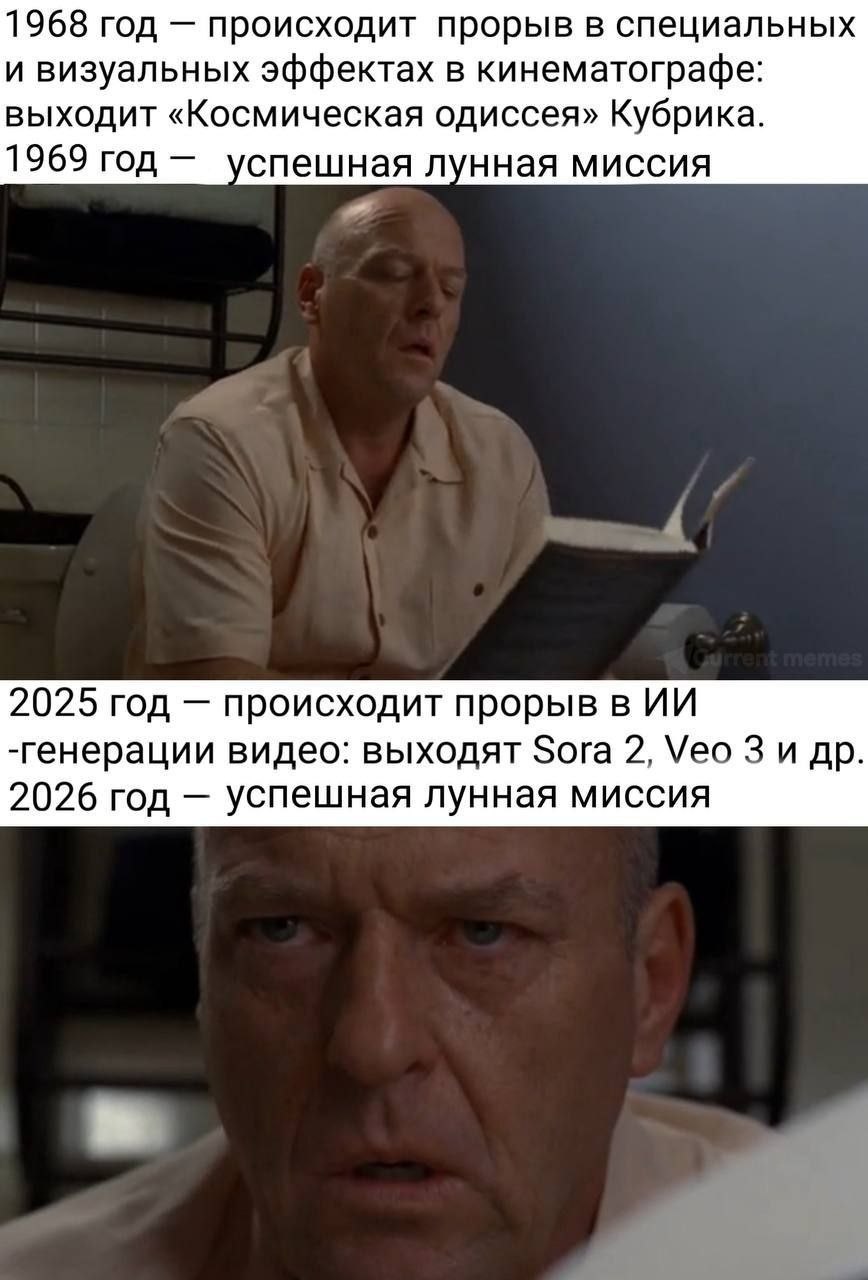 1968 год происходит прорыв в специальных и визуальных эффектах в кинематографе: выходит «Космическая одиссея» Кубрика. 1969 год спешная лунная миссия 2025 год происходит прорыв в -генерации видео: вых