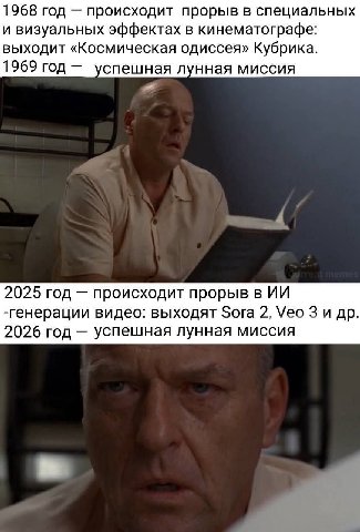 1968 год происходит прорыв в специальных и визуальных эффектах в кинематографе: выходит «Космическая одиссея» Кубрика. 1969 год спешная лунная миссия 2025 год происходит прорыв в -генерации видео: вых