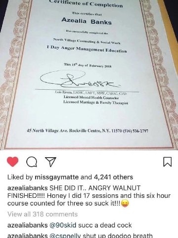 4 of Azealia Banks Has successfully completed the 2) North Village Counseling Social Work 1 Day Anger Management Education This 15™ day of February 2018 Licensed Mental Health Counselor Licensed Marri