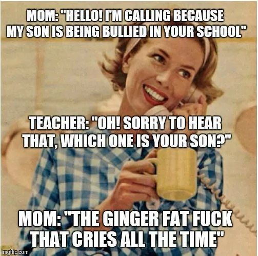 МОМ: МУЗОН IS BEING BULLIED IN YOUR SCHOOL" 2 TEACHER: "ОН! SORRY ТО THAT, WHICH YOUR SONS" MOM: “THE GINGER FAT FUCK: ALL THE TIME”