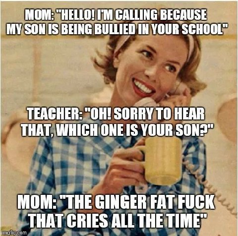 МОМ: МУЗОН IS BEING BULLIED IN YOUR SCHOOL" 2 TEACHER: "ОН! SORRY ТО THAT, WHICH YOUR SONS" MOM: “THE GINGER FAT FUCK: ALL THE TIME”