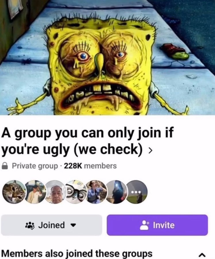4 A Wig у 4 A group you can only join if you're ugly (we check) Private group members Members also joined these groups A