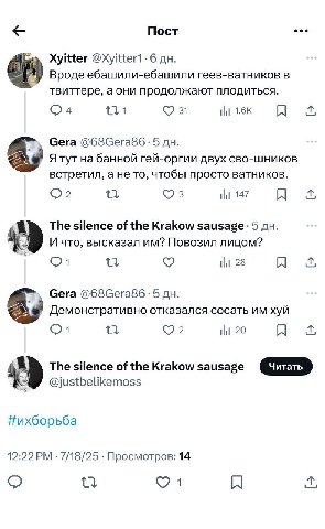 Пост eee Xyitter Вроде ебашили-ебашили геев-ватников в твиттере, а они продолжают плодиться. 31 Gera @68Gera86: 5 a Я тут на банной гей-оргии двух сво-шников встретил, а нето, чтобы просто ватников. 2