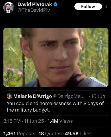 David Pivtorak @TheDavidPiv Я Melanie D'Arrigo @DarrigoMel... 10 Jun You could end homelessness with 8 days of the military budget. 2:16 11 Jun 25 Views 1,461 Reposts 18 Quotes Likes