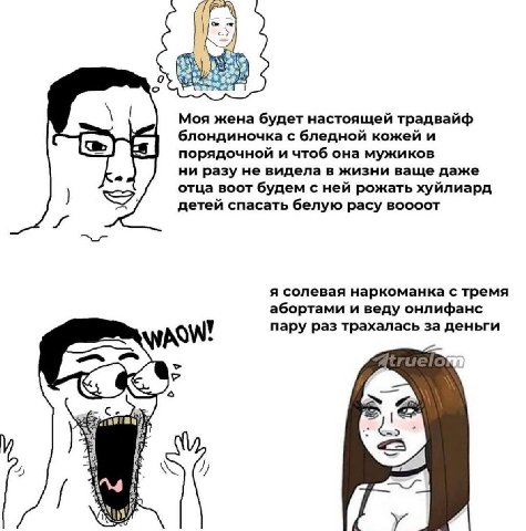 Моя жена будет настоящей традвайф блондиночка с бледной кожей и порядочной и чтоб она мужиков ни разу не видела в жизни ваще даже отца воот будем с ней рожать хуйлиард детей спасать белую расу воооот 