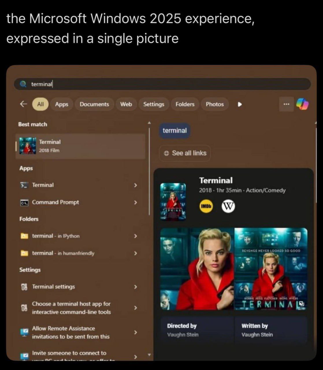 the Microsoft Windows 2025 experience, expressed ina single picture Settings Folders Photos Apps Web Best match terminal Terminal See all links Apps Terminal Terminal Command Prompt Folders чё Setting