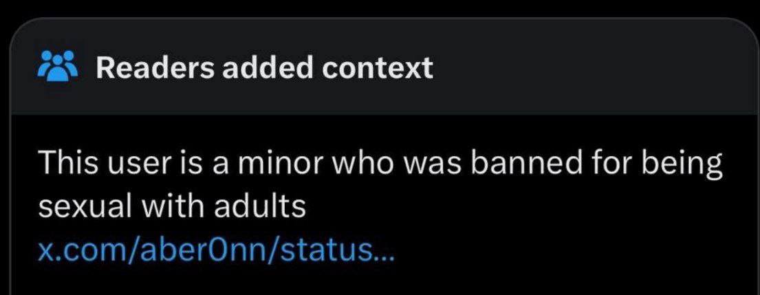 Readers added context This user is a minor who was banned for being sexual with adults x.com/aberOnn/status...