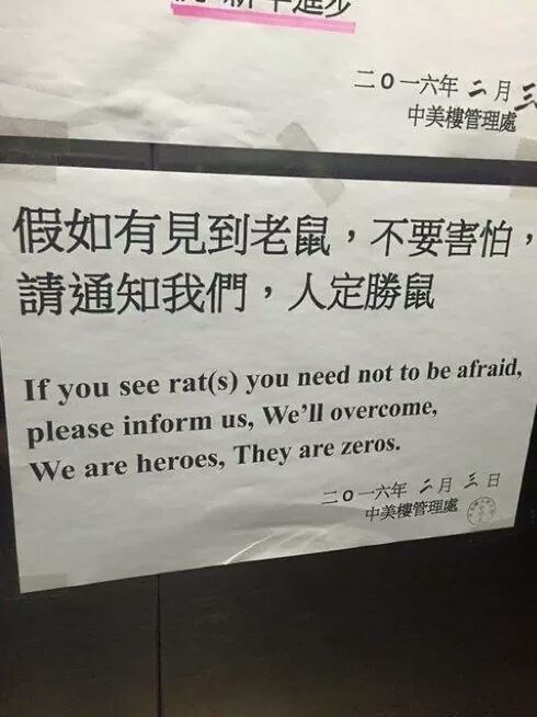 If you see rat(s) you need not to be afraid, please inform We’ll overcome, We are heroes, They are zeros.