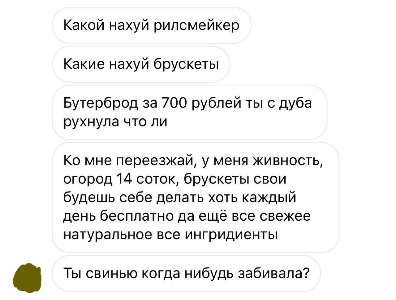 Какой нахуй рилсмейкер Какие нахуй брускеты Бутерброд за 700 рублей ты с дуба рухнула что ли мне переезжай, у меня живность, огород 14 соток, брускеты свои будешь себе делать хоть каждый день бесплатн