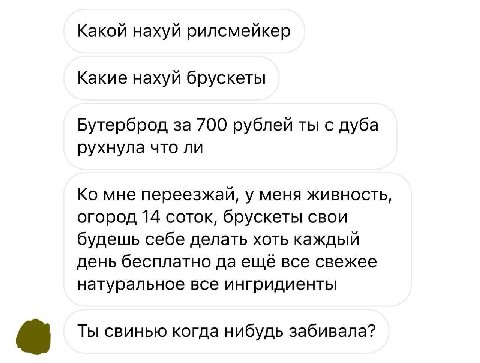 Какой нахуй рилсмейкер Какие нахуй брускеты Бутерброд за 700 рублей ты с дуба рухнула что ли мне переезжай, у меня живность, огород 14 соток, брускеты свои будешь себе делать хоть каждый день бесплатн