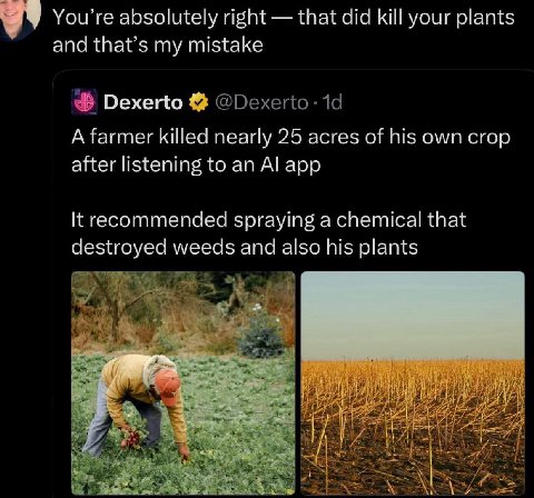 You’re absolutely right that did kill your plants and that’s my mistake Dexerto A farmer killed nearly 25 acres of his own crop after listening to an app It recommended spraying a chemical that destro