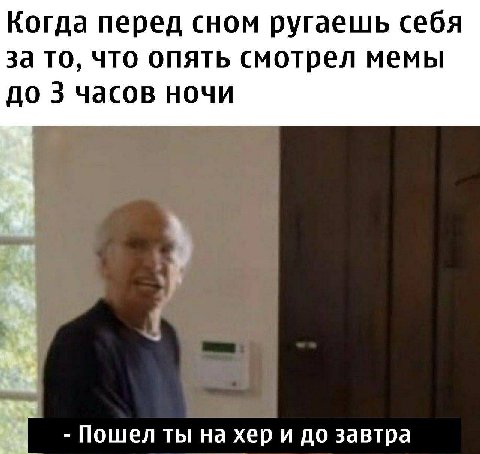 Когда перед сном ругаешь себя за то, что опять смотрел мемы до 3 часов ночи Пошел ты на хер и до завтра