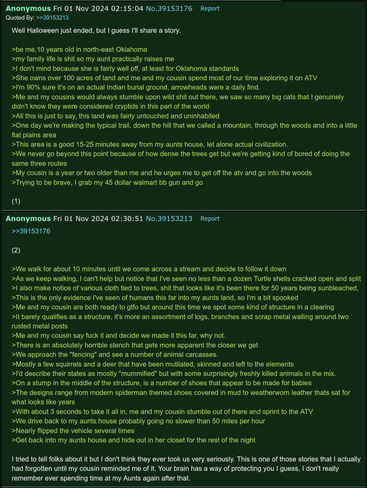 Anonymous Fri 01 Nov 2024 02:15:04 Quoted Well Halloween just ended, but guess I'll share a story. эре years old in h-east Oklahoma family life is shit so raises me dor't mind because she is fairly we