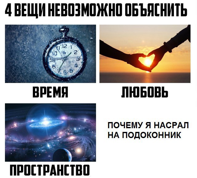 4 ВЕЩИ НЕВОЗМОЖНО ОБЪЯСНИТЬ ВРЕМЯ ЛЮБОВЬ ПОЧЕМУ Я НАСРАЛ подоконник ПРОСТРАНСТВО