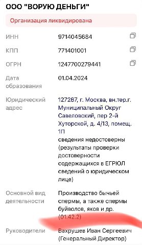 ООО "ВОРУЮ ДЕНЬГИ" Организация ликвидирована ИНН 9714045684 КПП 771401001 ОГРН 1247700279441 Дата 01.04.2024 образования Юридический 127287, Москва, вн.тер.г. адрес Муниципальный Округ Савеловский, пе