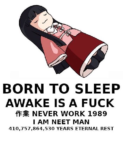 BORN TO SLEEP AWAKE IS A FUCK NEVER WORK 1989 410,757,864,530 YEARS ETERNAL REST NEET