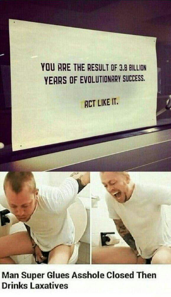 YOU ARE THE RESULT OF 3.8 BILLION YEARS OF EVOLUTIONARY SUCCESS ACT LIKE IT Man Super Glues Asshole Closed Then Drinks Laxatives