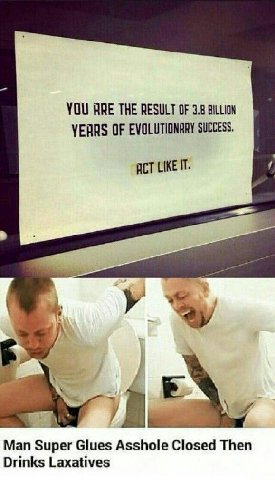 YOU ARE THE RESULT OF 3.8 BILLION YEARS OF EVOLUTIONARY SUCCESS ACT LIKE IT Man Super Glues Asshole Closed Then Drinks Laxatives